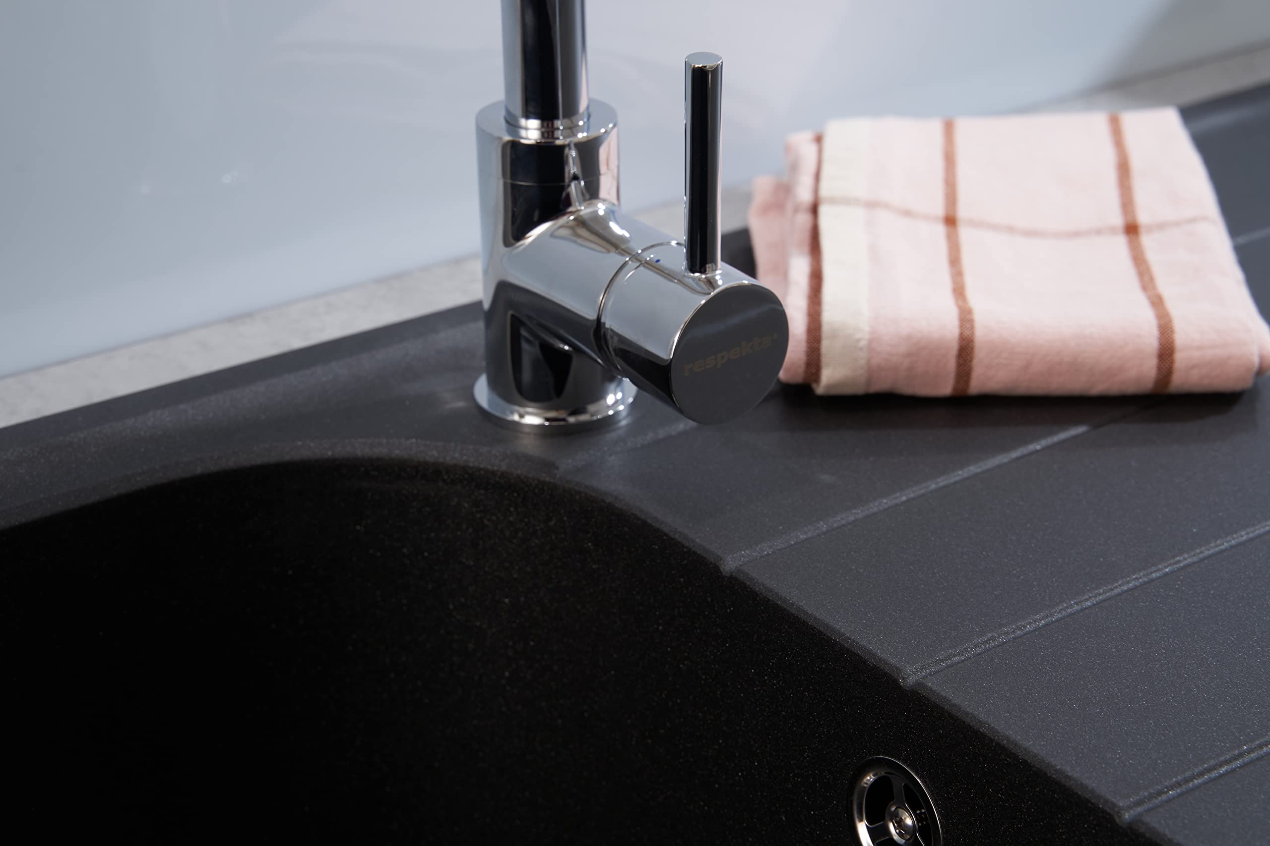 Respekta Lavello da Cucina Orlando in granito color Nero, Lavello da Incasso con 1 vasca, dimensioni 100 x 50 cm, Lavello Adatto per Mobili Sottolavello da 60 cm di Larghezza