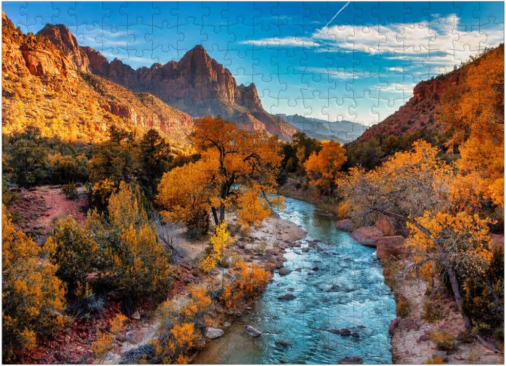 MyPuzzle View of Watchman Mountain and The Virgin River in Zion National Park in The Southwestern United States, Near Springdale, Utah, Arizona - Premium 1000 Piece Jigsaw Puzzle for Adults