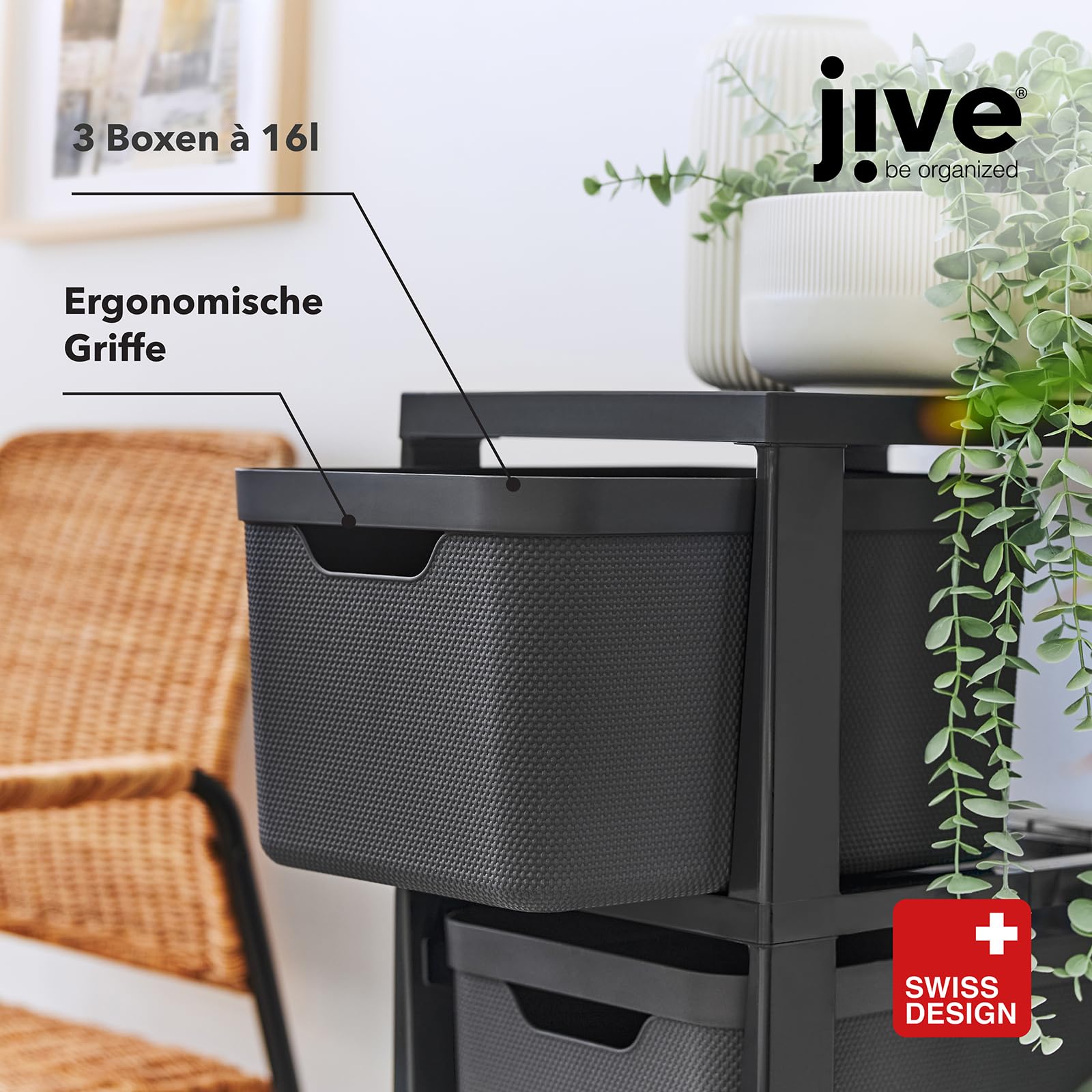 Rotho Jive Schubladenbox Rollcontainer mit 3 Schubladenboxen 16 L Schwarz | Büro Organizer Mit 3 Schubladen, Mobiler Rollwagen, Schubladenturm Für Schreibtisch Und Lego Aufbewahrung Mit Kunststoffboxen