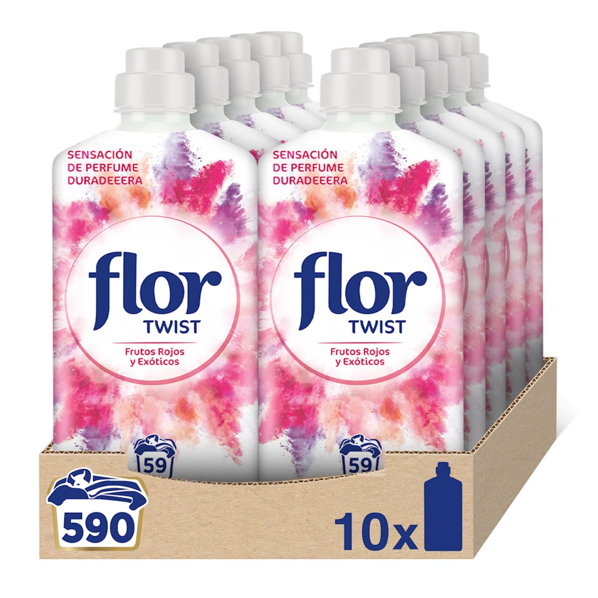 Flor Twist Frutos Rojos y Exóticos - Suavizante concentrado para la ropa con notas naturales - 590 lavados (10 botellas de 59 lavados)