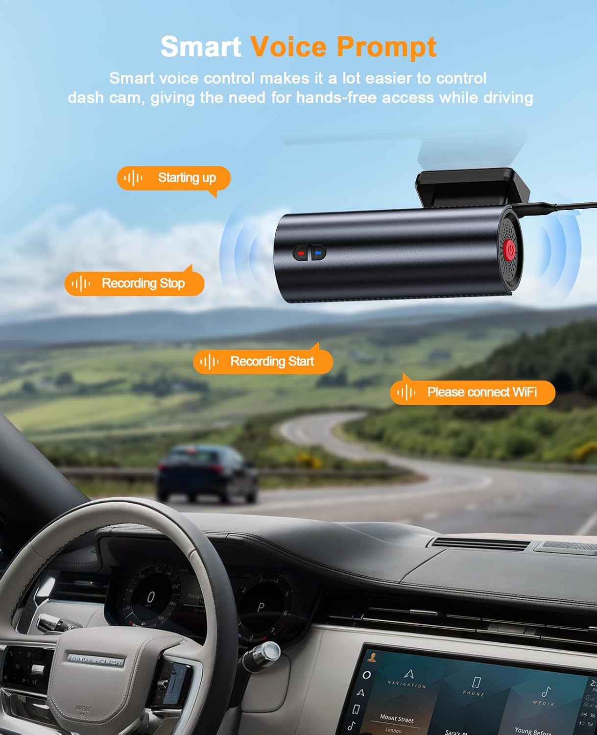 Image illustrating the Smart Voice Prompt feature of the dash cam, showing speech bubbles for 'Starting up', 'Recording Stop', 'Recording Start', and 'Please connect WiFi'.