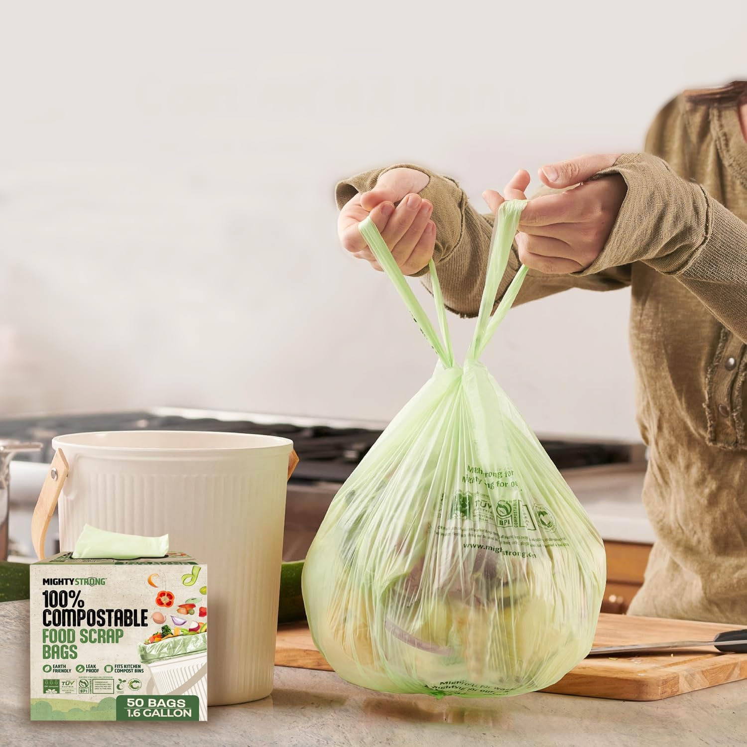 50 bolsas de compostaje con asas, bolsas de basura compostables de 1.6 galones/6 litros, 50 bolsas de basura pequeñas biodegradables, certificadas por BPI And OK Compost, bolsas de residuos de