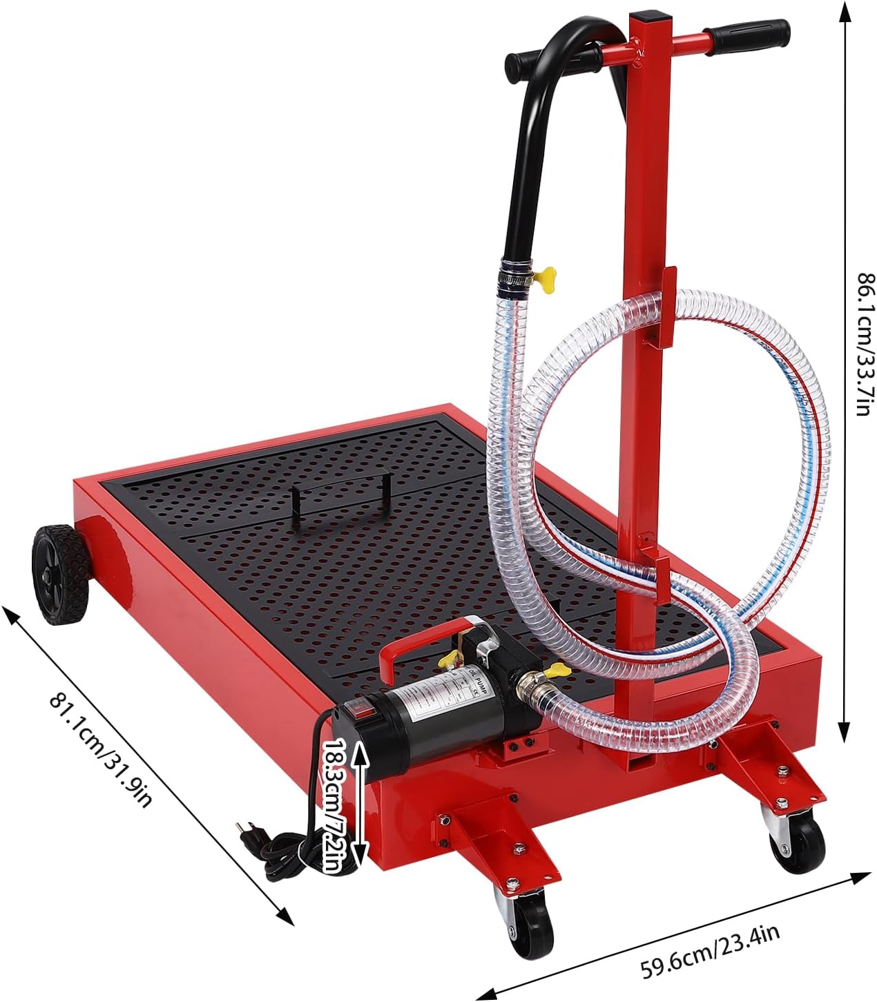 Oil Drain Pan 17 Gallon Electric Oil Drain Pan with 120W Pump 2800r/min & 8 Ft Hose, Oil Drain Cart with Low Profile & T Folding Handle Oil Drain Cart for Truck Cars SUVs Red, Black