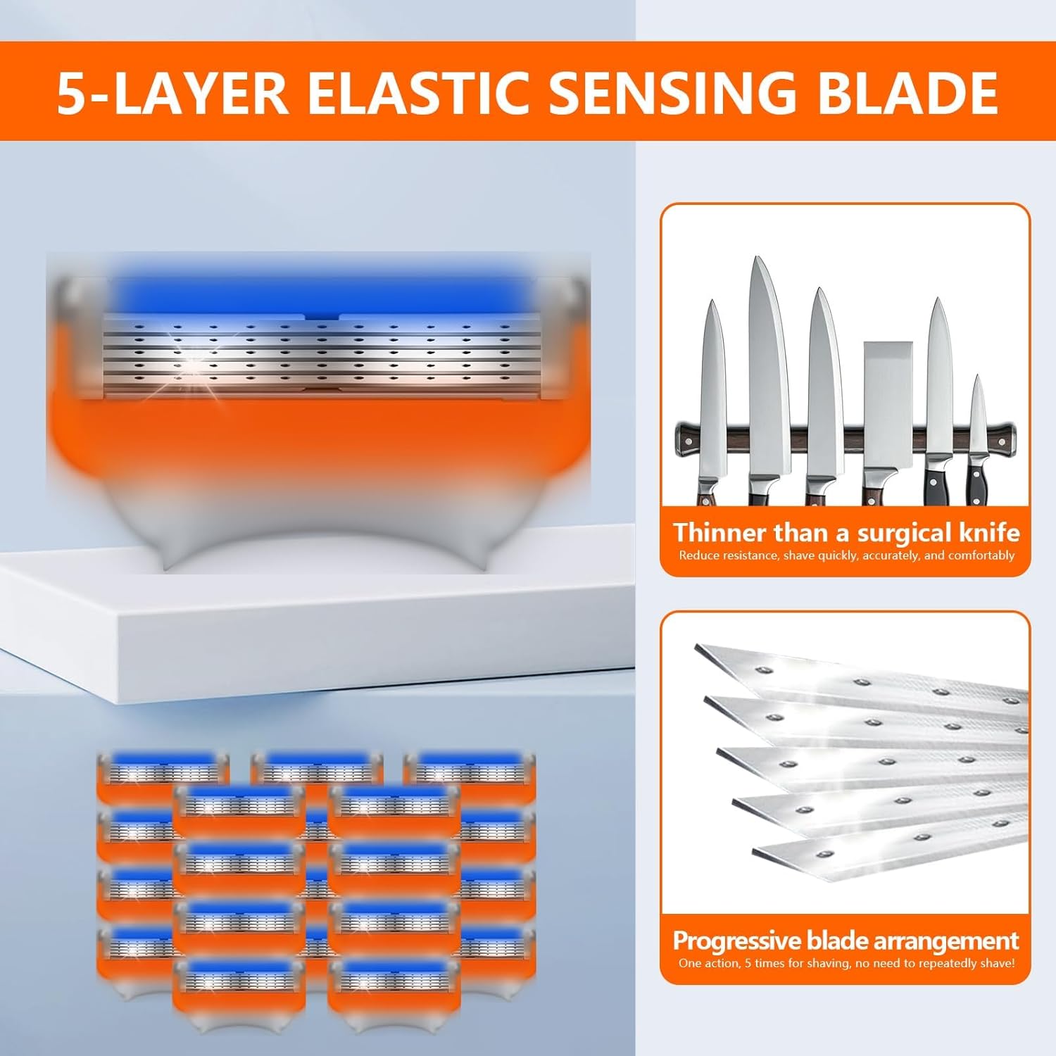 16 Count Razor Blade Shaving Razor Blade Refills for Fusion 5, Orange New Version