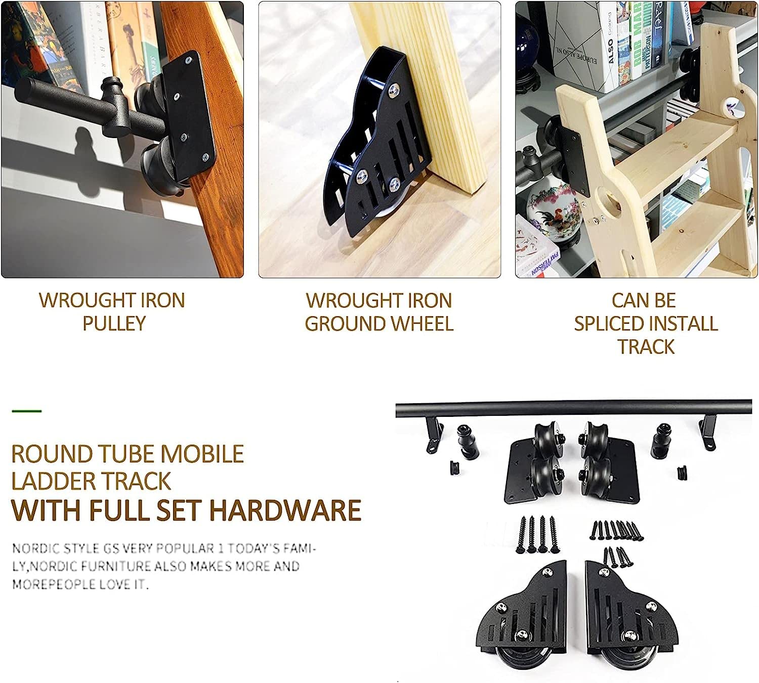 Rollleiter Spur Vollset Hardware für Bibliothek, mit Bodenrollenradmobile Leiterspur aus Kohlenstoffstahl Schiebetürkit (Keine Leiter)