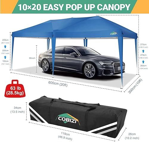 Miniatura 3 de COBIZI - Toldo desplegable 10x20 con 6 paredes, impermeable y portátil, ideal para fiestas, playa, camping y eventos al aire libre (azul)