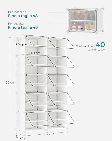 SONGMICS Scarpiera, Scaffale Modulare a 10 Scomparti per 40 Paia di Scarpe da Ingresso, con Sportelli, Telaio in Acciaio e Ripiani in Plastica, Camera da Letto, Bianco e Trasparente LPC035W01 - 3