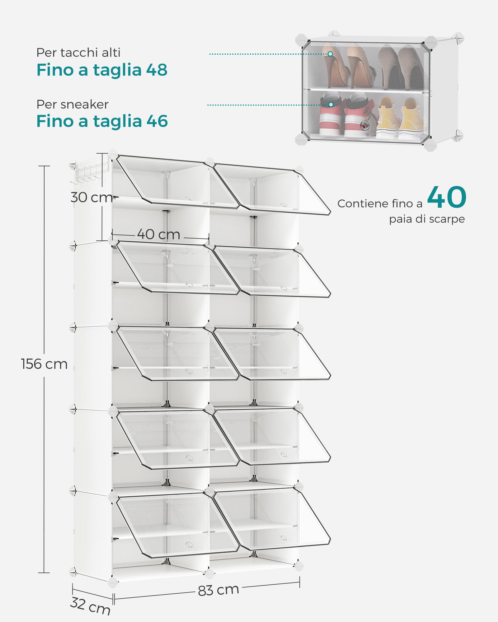 SONGMICS Scarpiera, Scaffale Modulare a 10 Scomparti per 40 Paia di Scarpe da Ingresso, con Sportelli, Telaio in Acciaio e Ripiani in Plastica, Camera da Letto, Bianco e Trasparente LPC035W01