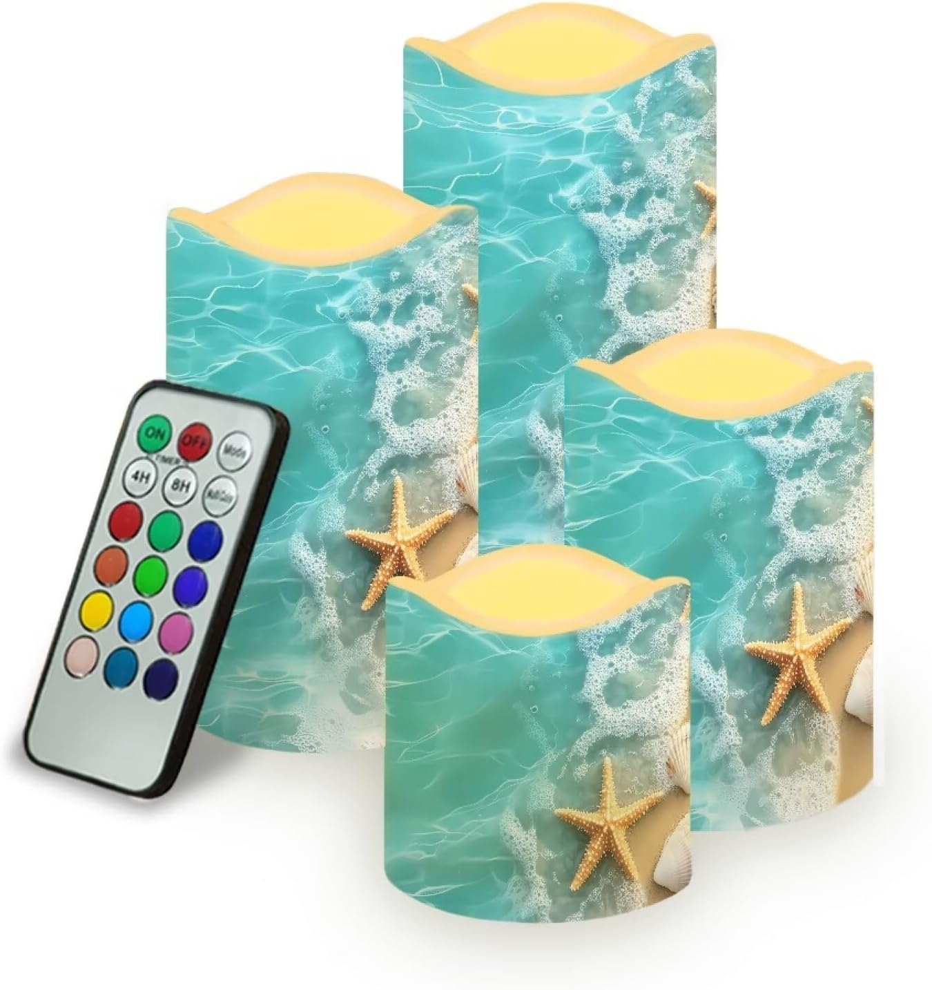 Cozeyat Beach Wave Flameless Candles Set of 4 Battery Powered LED with Remote Timer Flickering for Home Garden Table Beach Decoration