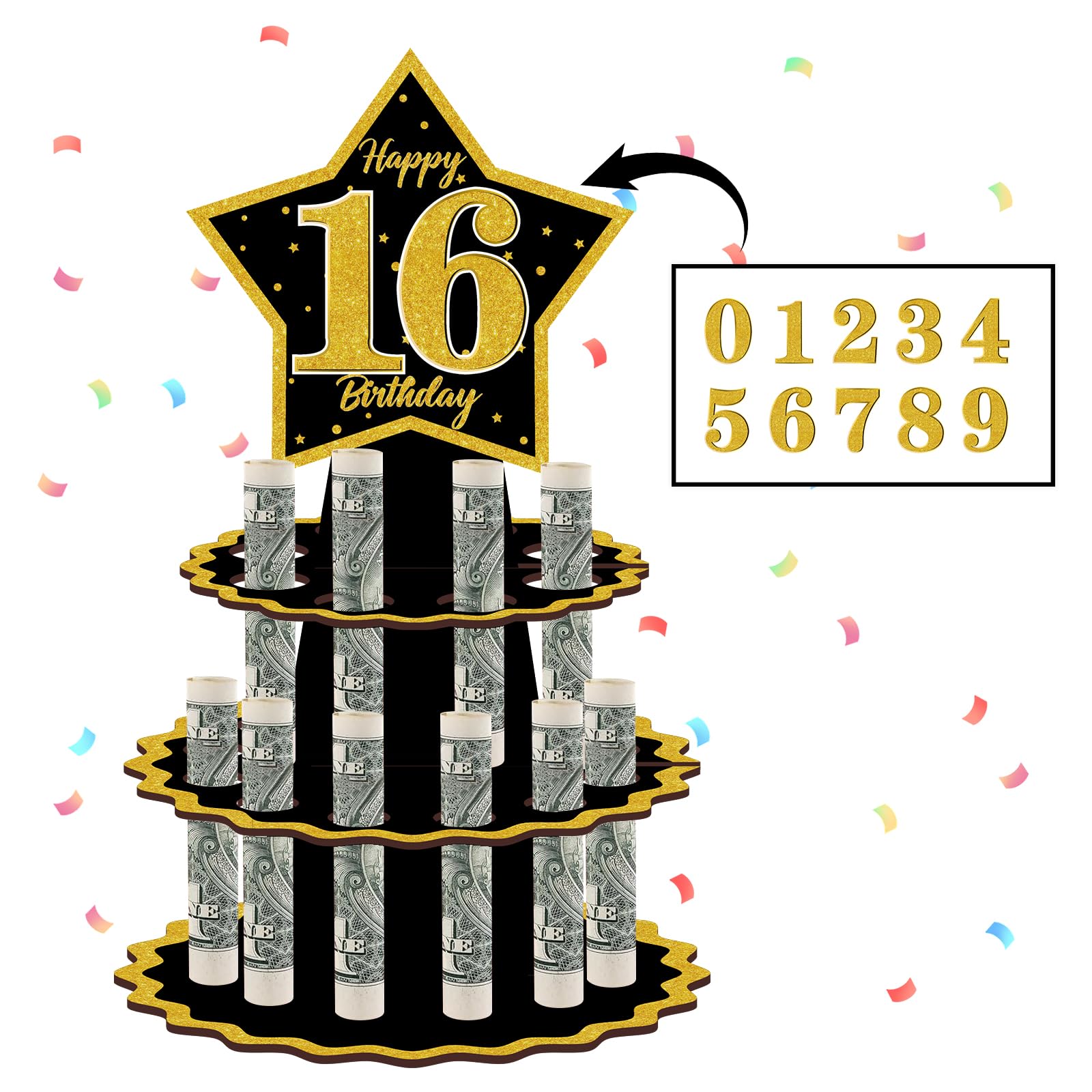 Wooden Birthday Cash Cake Gifts Black Gold Birthday Money Holder for Cash with DIY Stickers for Any Age Surprise Gift Idea for Women Men Boys Girls
