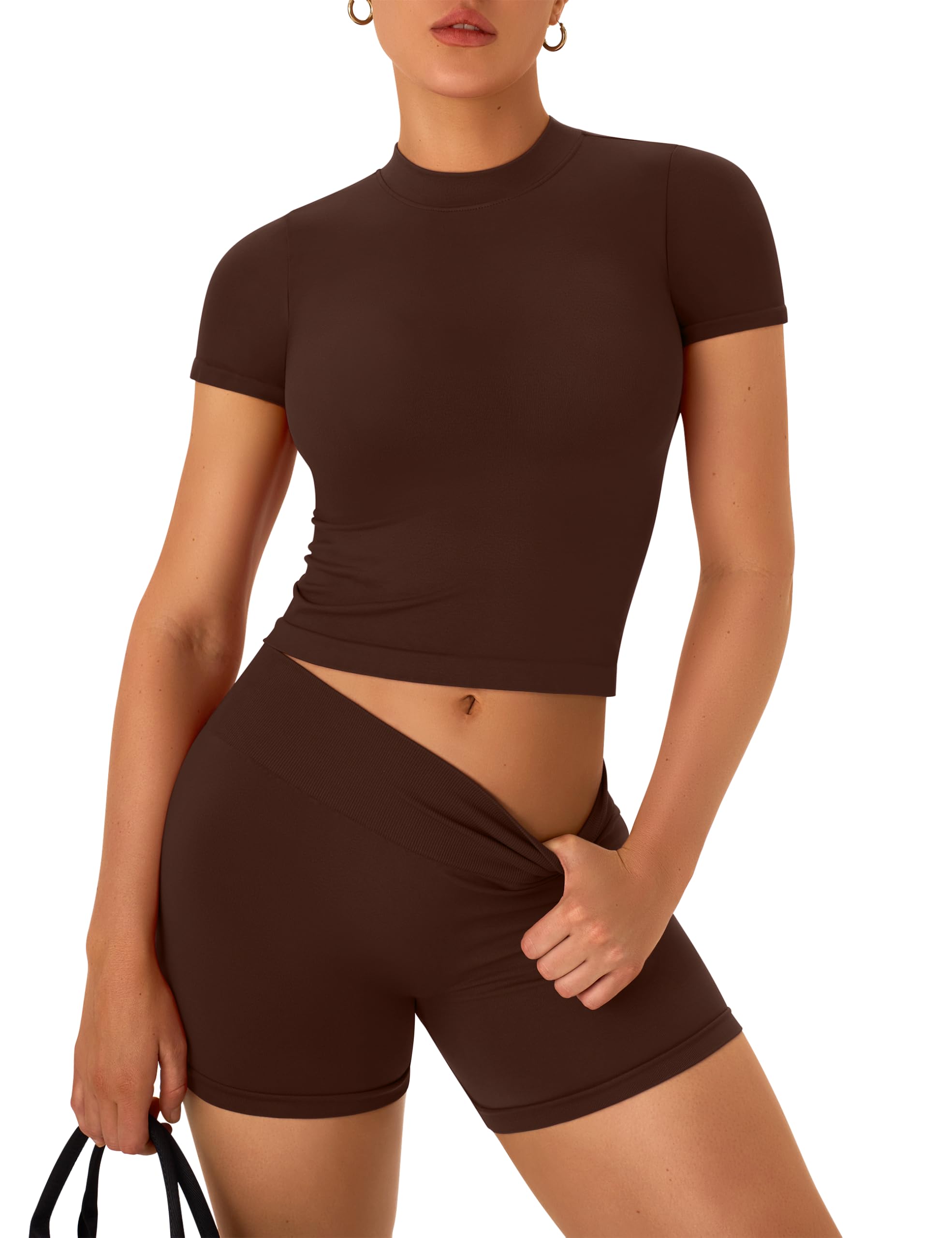 OLCHEE Womens Workout Sets 2 Piece Seamless Summer Outfits Scrunch Butt Shorts Crew Neck T-shirt Matching Clothing Set