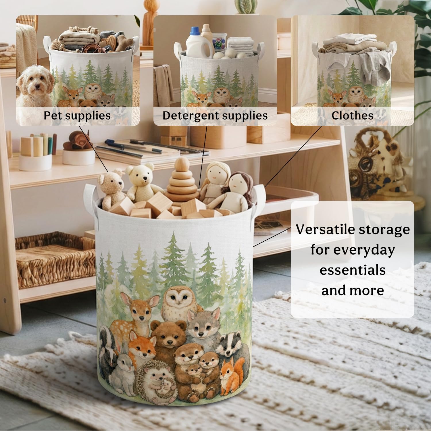 Forest Animals Nursery Laundry Basket with Handles,46L | Nature Woods Wild Animal Laundry Hamper Waterproof Collapsible Clothes Toys Books Storage for Kids Room Nursery Playroom