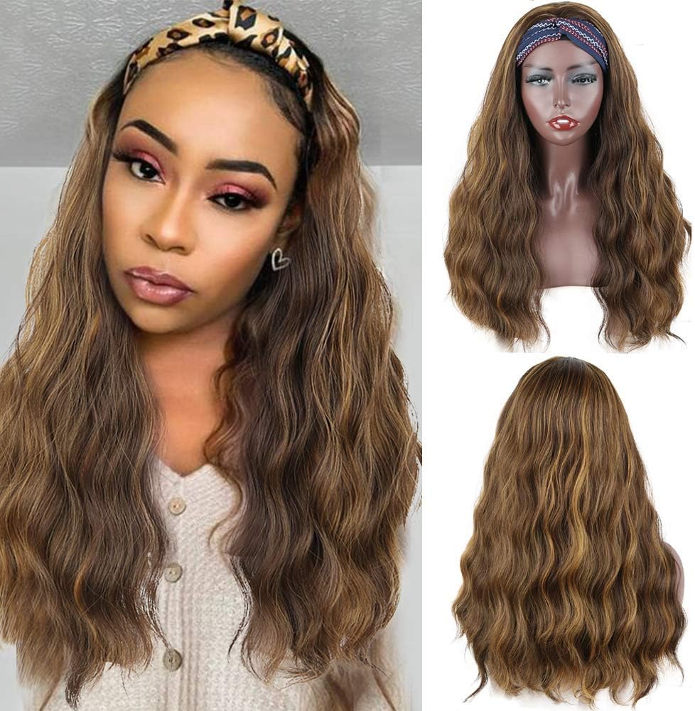 LEOSA Body Wave Headband Wigs with Highlight Blonde Wig Synthetic Brown Honey Blonde Wavy Wigs for Black Women Natural Looking Wavy Synthetic Wig with Headband Attached 4/27 Mix Brown Color Wig