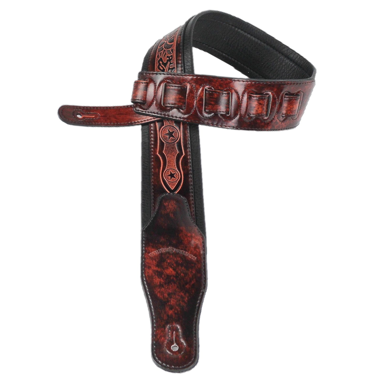 Walker & Williams GB-162 negro Cherry acolchada correa para guitarra con hojas de roble y Texas Star