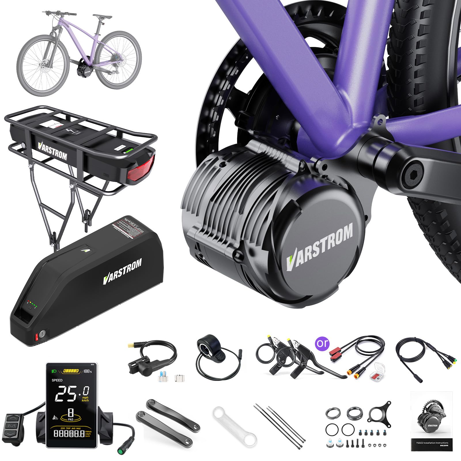 E-Bike Umbausatz TSDZ-2B Z8 TSDZ16 Mittelmotor 36V 48V 250W – E Bike Conversion Kit mit optionalem Akku & Display – Leistungsstarker Mittelmotor für MTB Citybike für 68–73mm Tretlager