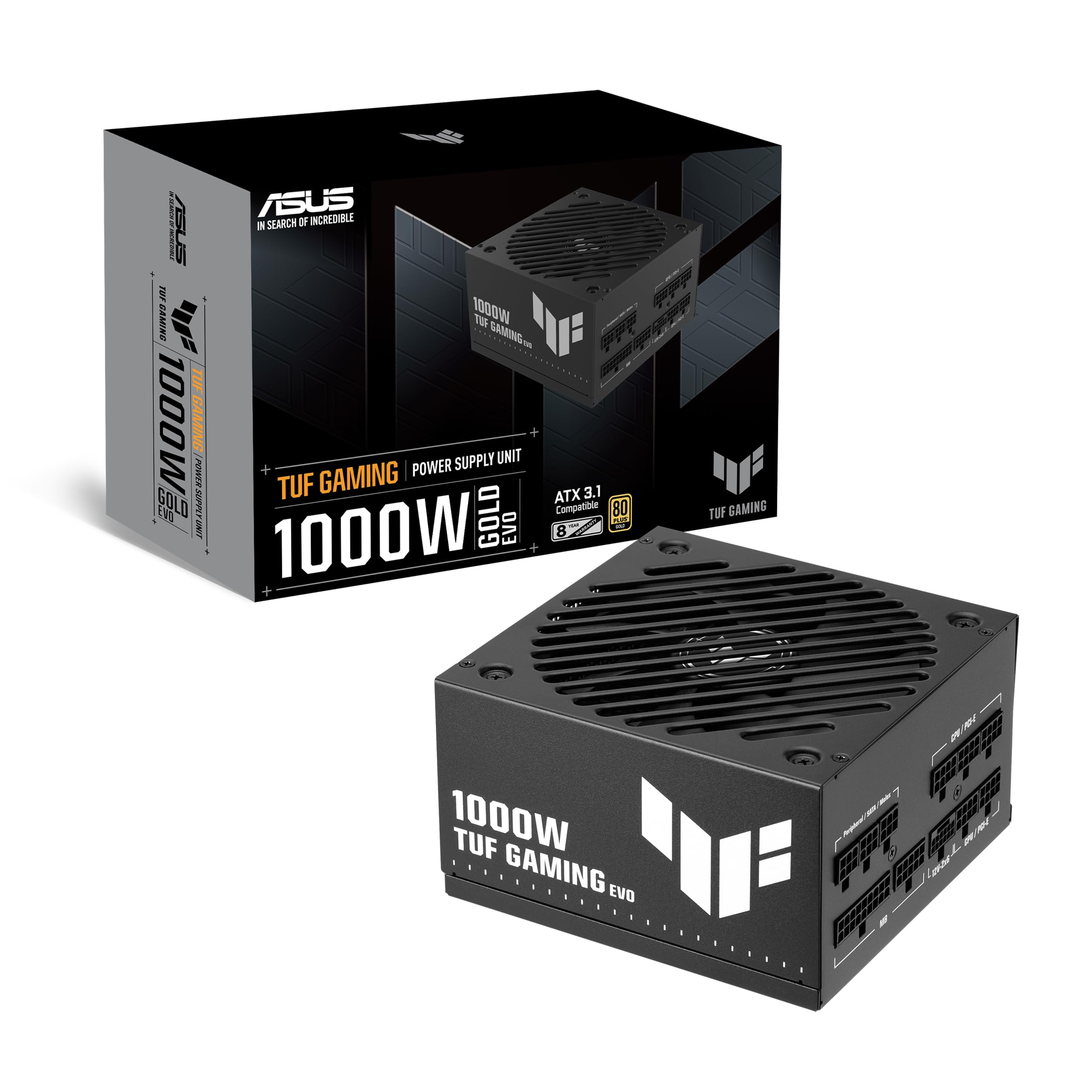 ASUS TUF GAMING 1000W GOLD EVO, Alimentatore Modulare per PC, Nero | PCIe 5.1, ATX 3.1, Certificazione 80 PLUS Gold, Ventole a Doppia Sfera, Rivestimento Protettivo per PCB, Cavi Incisi in Rame