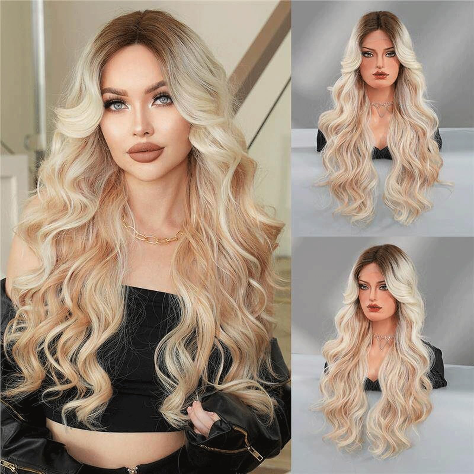 Parrucca Parrucca capelli ricci lunghi con onde grandi, copertura completa della testa da donna(B)