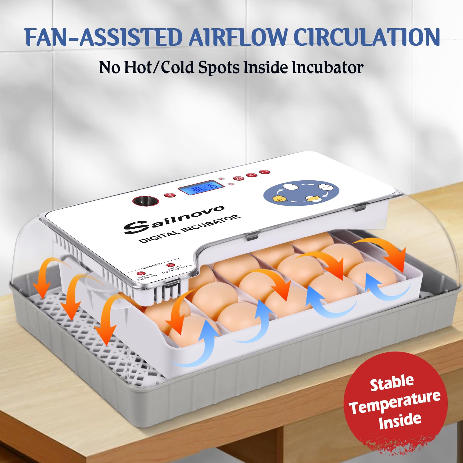 Sailvono 20 Incubateur entièrement automatique, avec ajout d'eau externe, contrôle de la température, éclairage LED, retournement automatique des œufs, de poules - Blanc