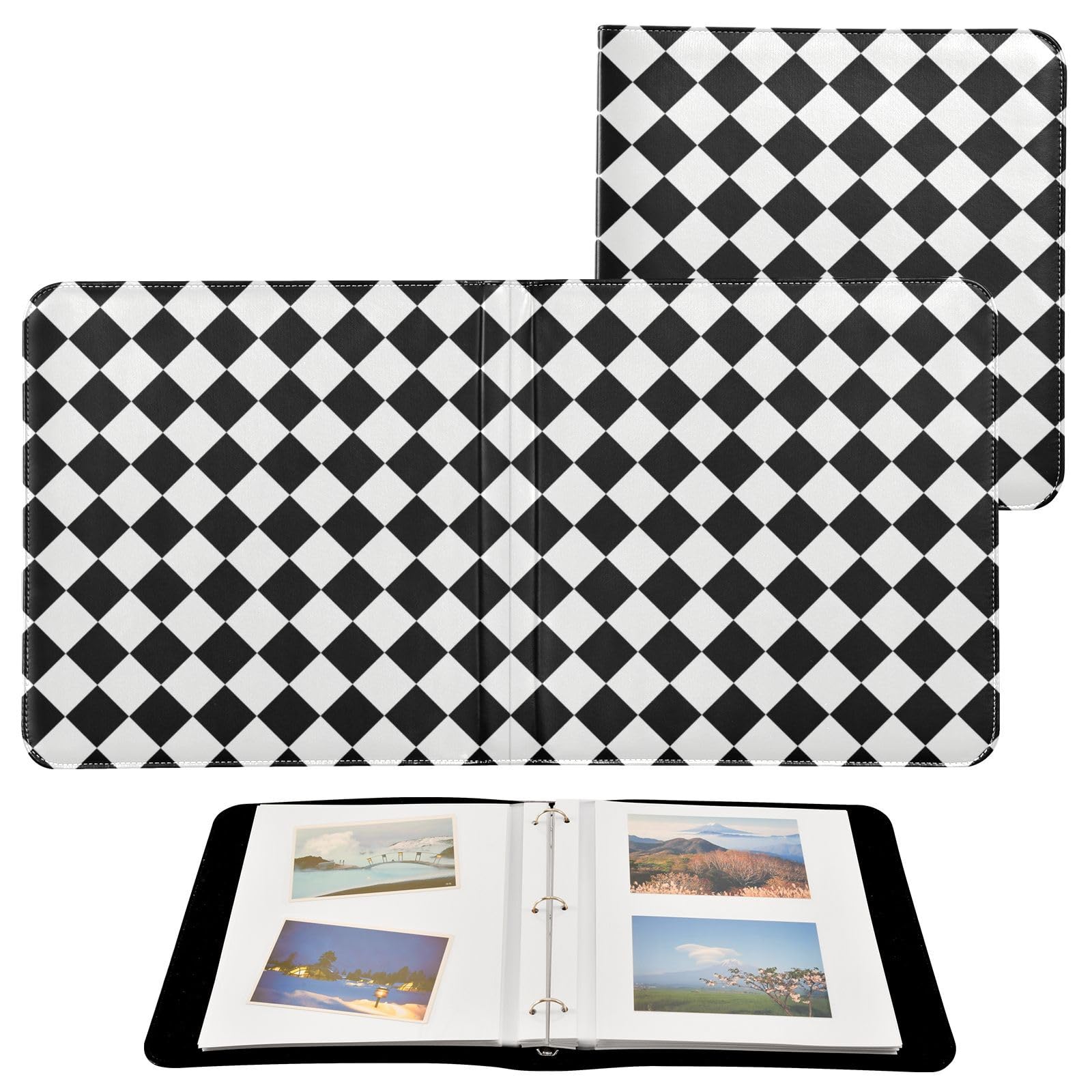 Kigai Black White Plaid Photo Album Self Adhesive Scrapbook Album Leather Cover DIY Picture Scrap Book with 20 Adhesive Sheets, 11.8x24x0.8 inch