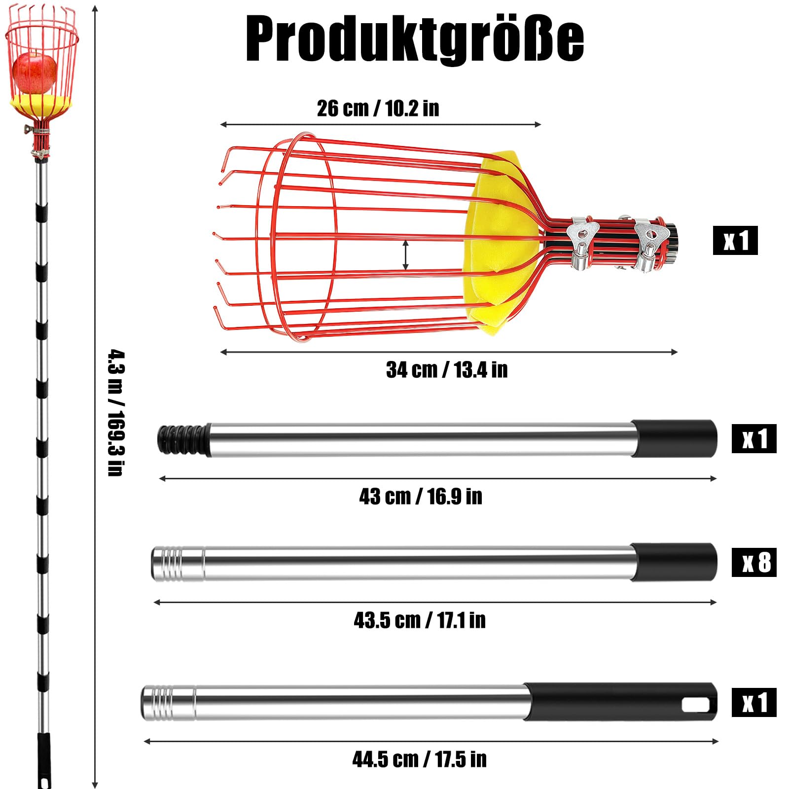 Cueille Fruit Telescopique, 4.3m Fruits Cerise Outil à Cueillir de Fruits avec Poteau Réglable Léger, Cueille Pommes avec Panier en Acier Inoxydable, Outil Cueillette Jardin Arbre Poires Pêches