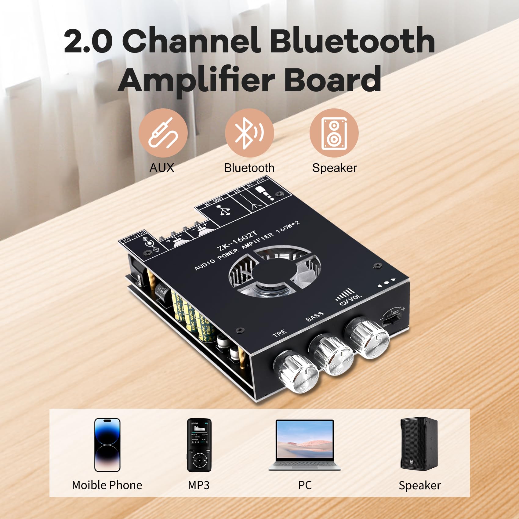 Daakro - Placa amplificadora Bluetooth de 2 canales 160 W + 160 W con control de agudos y graves, CC 15-36 V, entradas Bluetooth y AUX, ZK-1602T