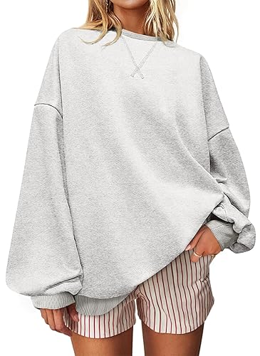 UEU Women Oversized Striped Crewneck Sweatshirt Long Sleeve Color Block Pullover Tops Casual Loose Workout Shirt - Heather Light Gray - Large