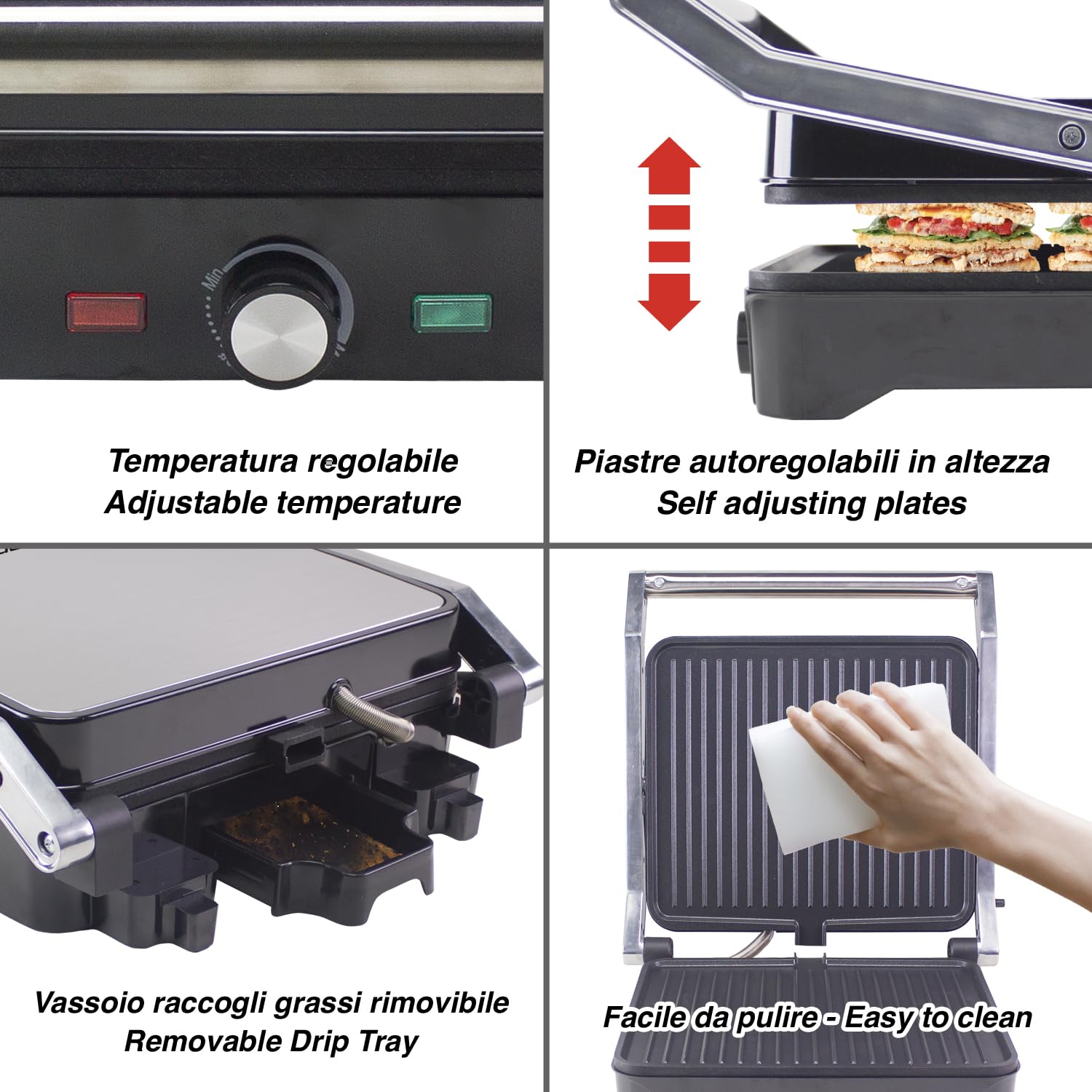 BEPER P101TOS503 Griglia Elettrica Multifunzione GRAND GRILL 3 in 1 – Bistecchiera, Piastra Panini e Griglia Barbecue – Piastre 28x25 cm, Apertura 180°, Termostato Regolabile – 2000W
