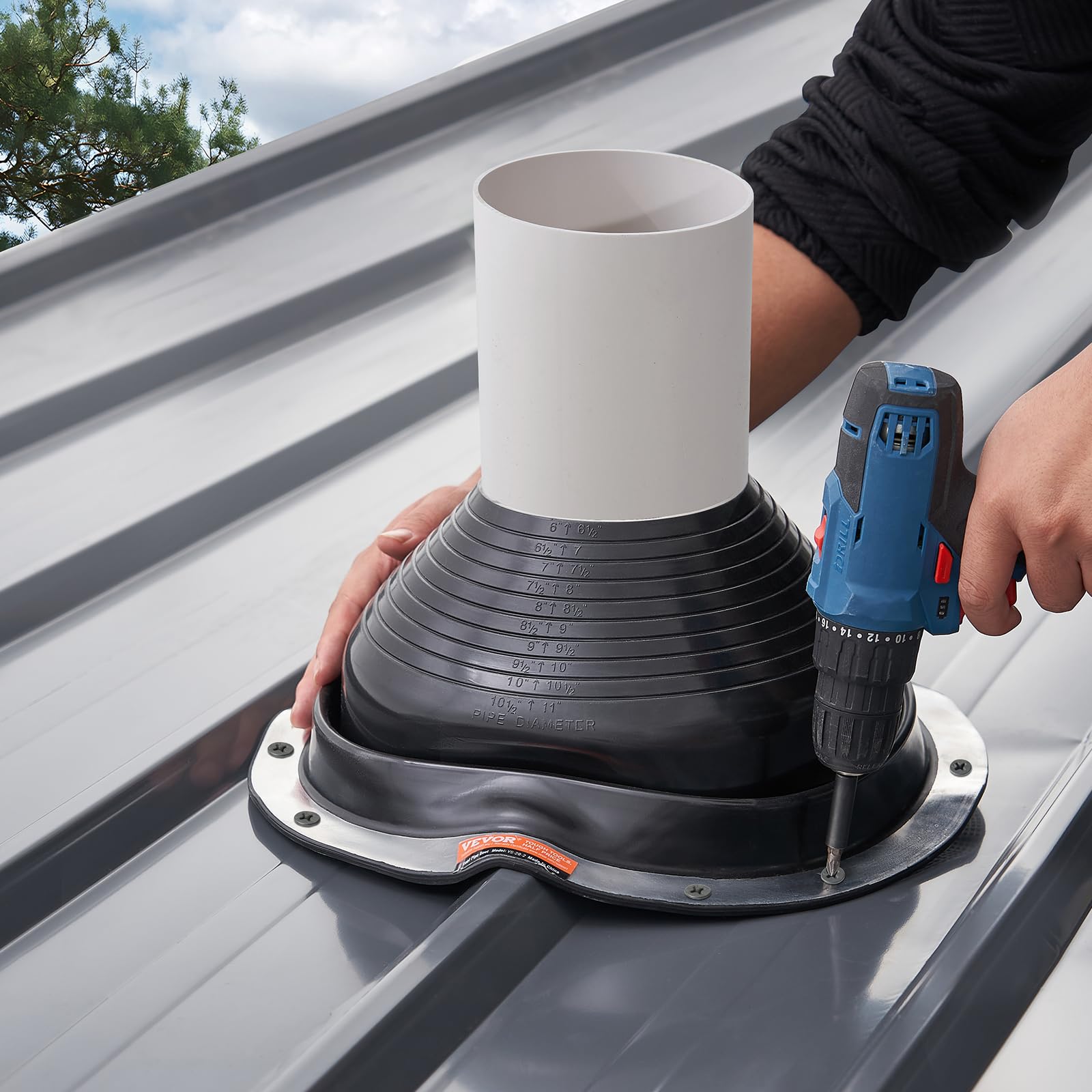 VEVOR Solin de Toit pour Tuyaux 150-280 mm Étanchéité Toiture Flexible EDPM, Lot de 2, Base Ronde en Métal, Haute Température -55℃-100℃, pour Cheminée, Poêle à Bois, Tuyaux d'Aération Extérieur, Noir
