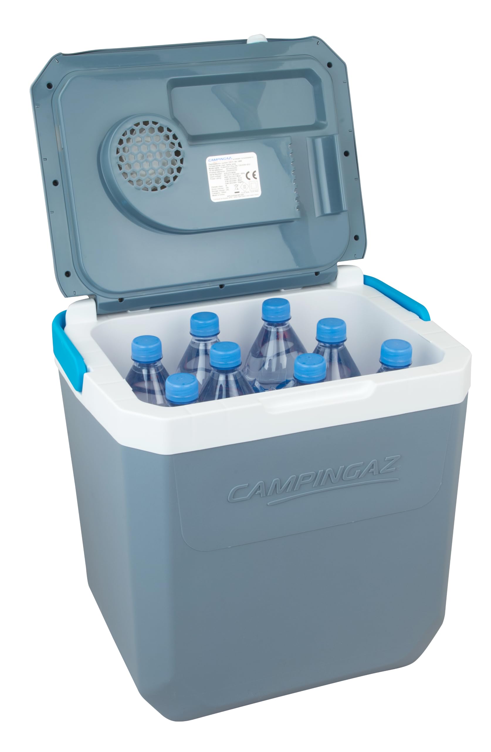 CAMPINGAZ Powerbox Plus 28 l, glacière thermoélectrique 12 V et 230 V, pour 8 Bouteilles de 1,5 l pour Voiture et Camping, avec Protection UV, capacité de 28 litres Bleu