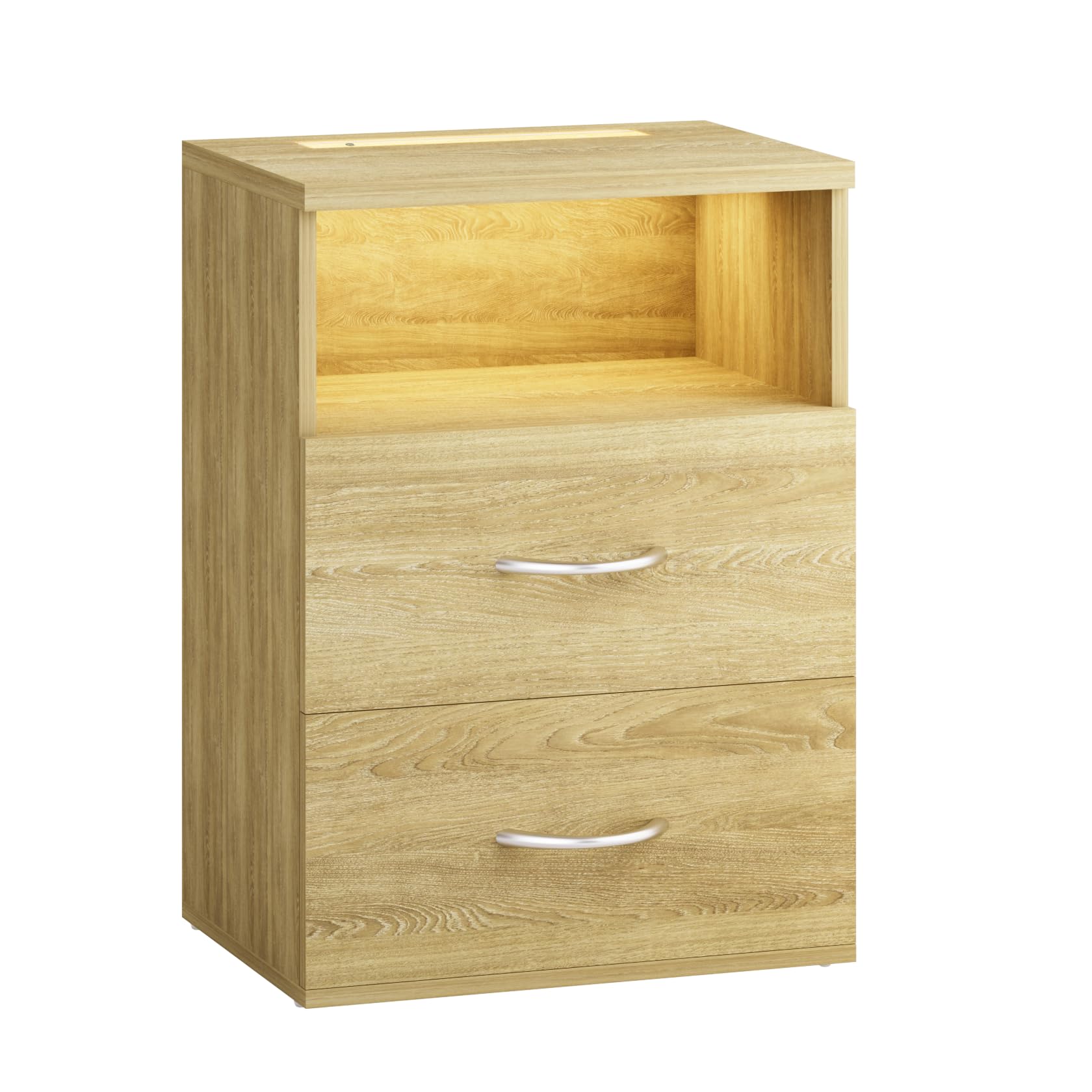 CASARIA® Mesita de Noche Luz LED Táctil Regulable 2 Cajones 40x28x55cm Mesa Auxiliar Dormitorio Salón Roble