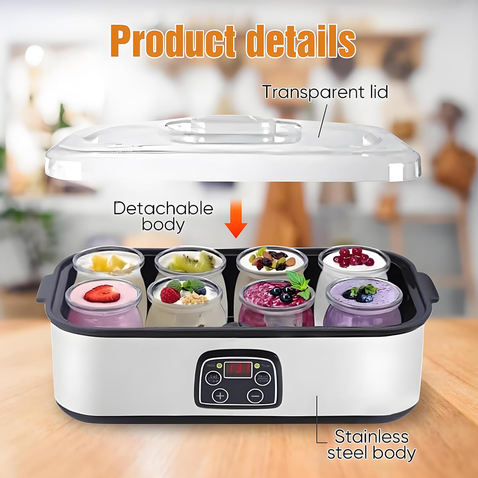 Yaourtière Automatique avec Écran LCD, Fermenteur 1400ML avec 8 × 180ML Pots en Verre, Contrôle de Température & Minuterie 0-48H, pour Yaourt & Fromage Maison