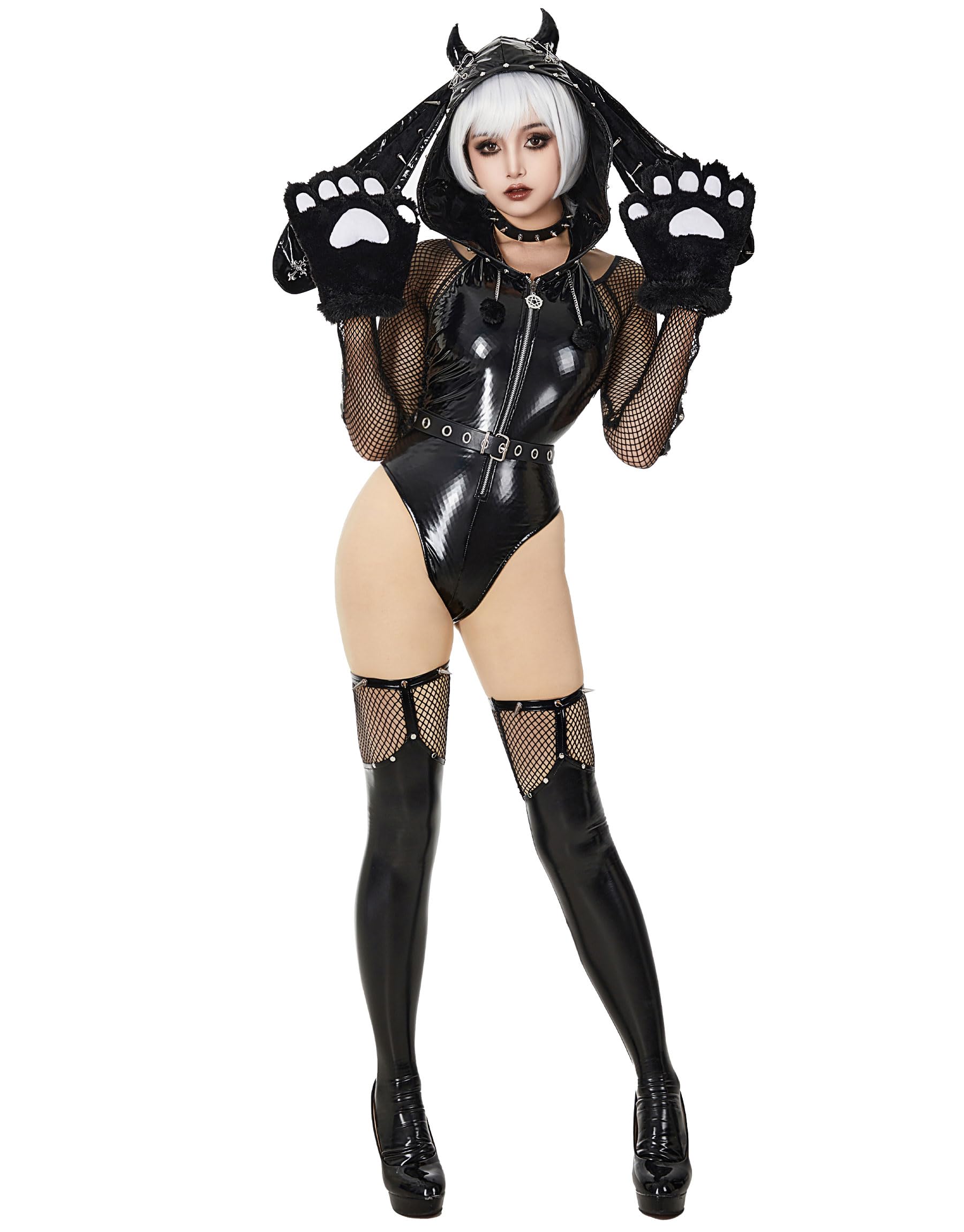 MEOWCOS Gothic Bodysuit Halloween Bunny Bodysuit Set Black Patent Leather Romper