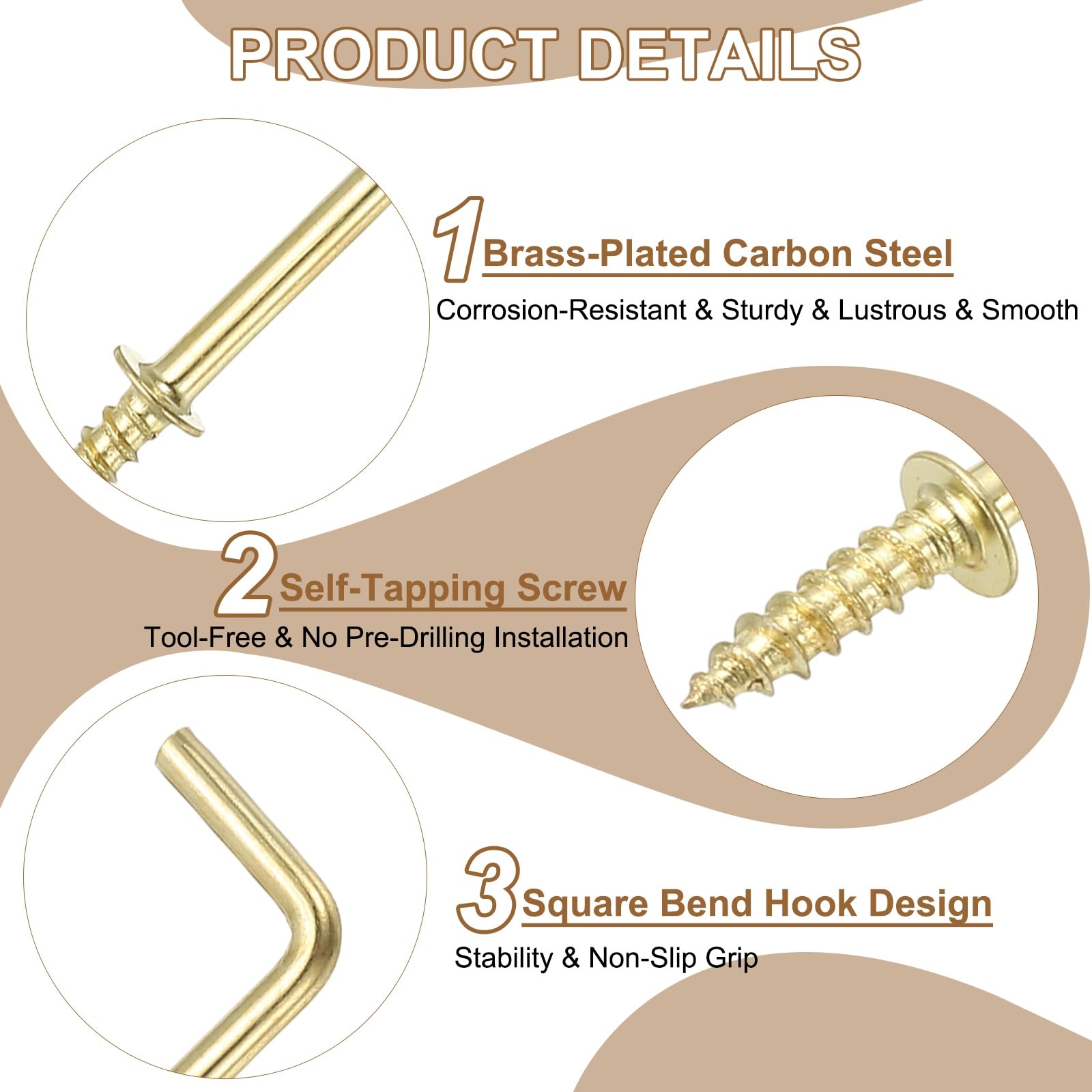 YELARXI L-Shape Screw Hooks Brass Plated Steel 7 Shape Right Angle Medal Hooks - Image 3