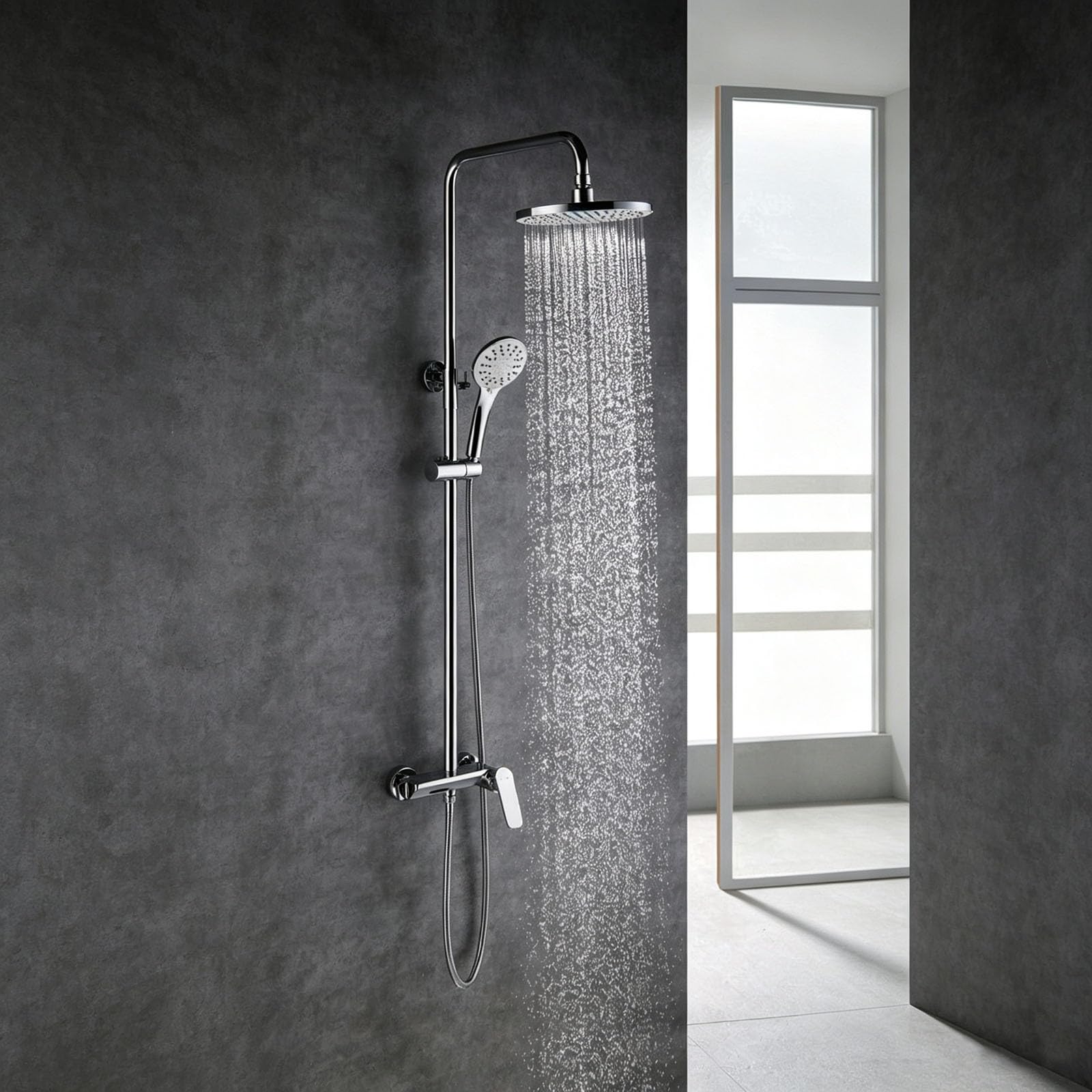 Colonna Doccia con Cascata Tavolo Portaoggetti Design Cromato