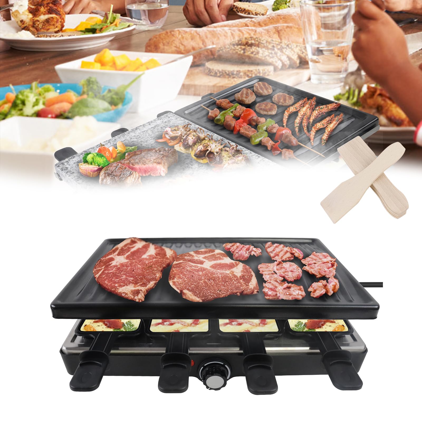 HENGMEI Appareil à raclette électrique en acier inoxydable avec poêles, plaque de cuisson antiadhésive et pierre naturelle pour 8 personnes, max. 1400 W, noir
