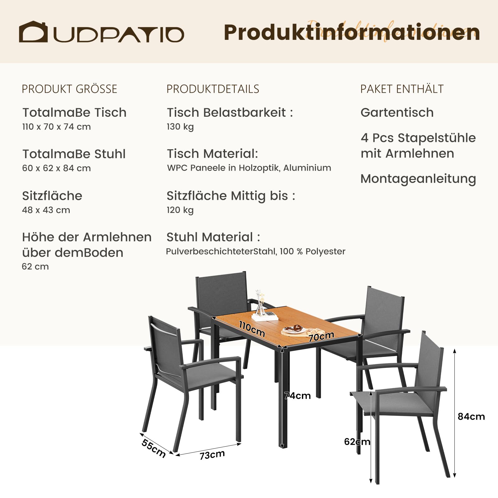 UDPATIO Wetterfest Gartenmöbel Set 5-TLG, Aluminium WPC Gartentisch + 4er Gartenstühle Stapelbar mit Armlehnen, Terrassenmöbel Balkonmöbel für Garten,Terrasse,Veranden, Teakbraun + Grau