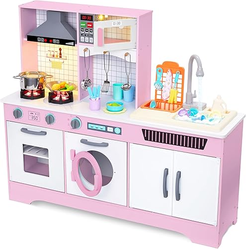 Lil' Jumbl Juego de cocina de madera de color rosa para niños, fregadero de trabajo con agua corriente real, incluye campana extractora, microondas