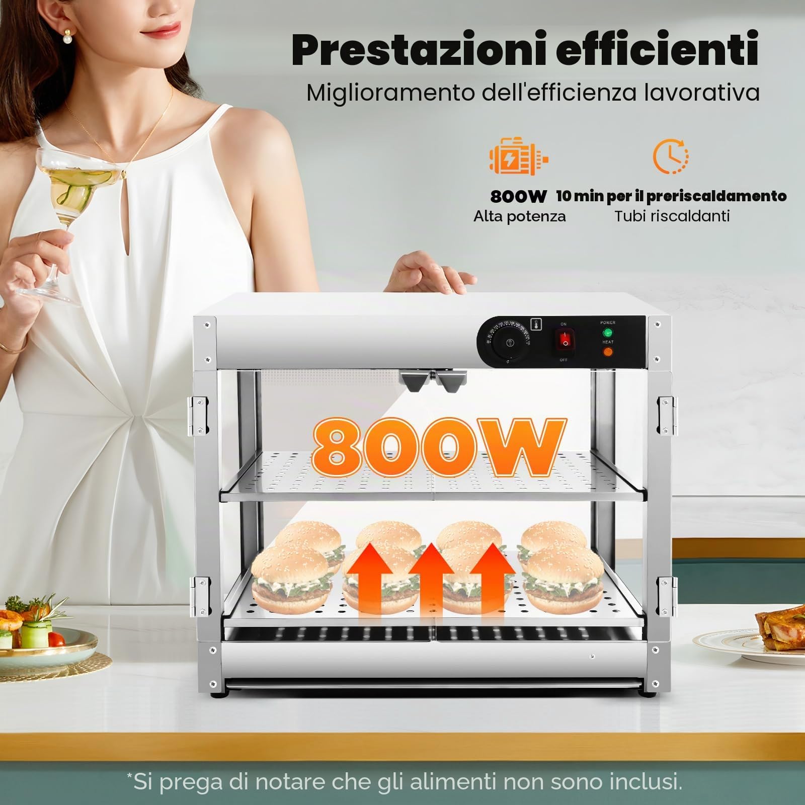 Vetrina per alimenti commerciali, con 2 cornici in acciaio inox, termostato regolabile per mense, panetterie, 800 W
