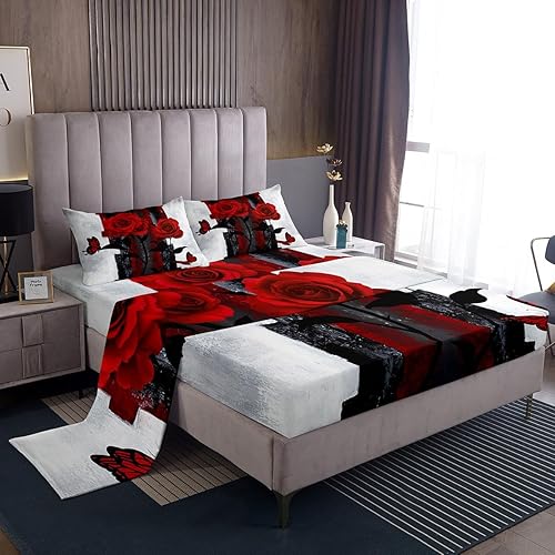 Miniatura 1 de Juego de sábanas de rosas rojas tamaño Queen, juego de ropa de cama grunge negro y blanco degradado para adultos, sábana bajera de acuarela vintage,