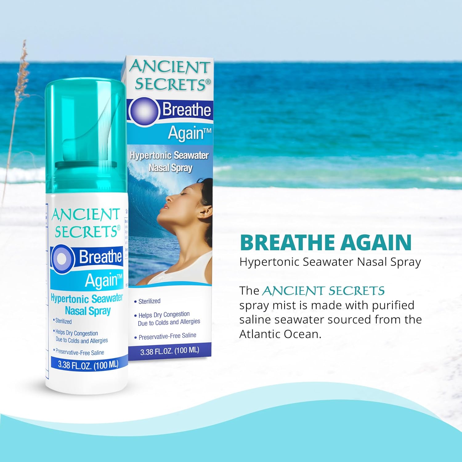 ANCIENT SECRETS Saline Nasal Spray - Breath Again Hypertonic Seawater Nasal Spray, Allergy & Sinus Relief, Nasal Congestion Moisturizer, 3.38 Fl Oz (Pack of 3)