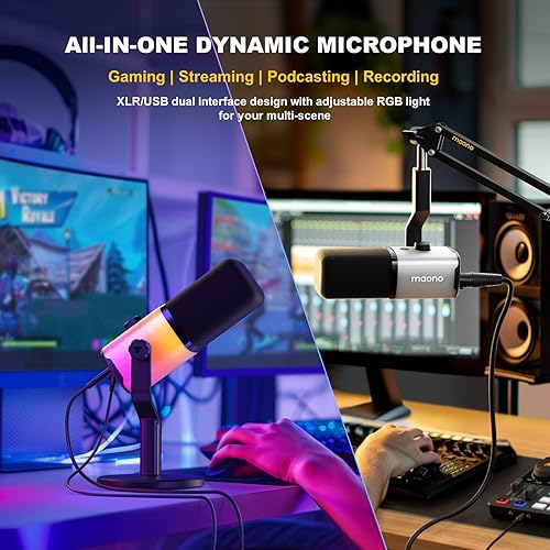 Miniatura 2 de MAONO - Micrófono dinámico para juegos Micrófono de transmisión USBXLR para PC, grabación de pódcast, software personalizable, RGB, botón de