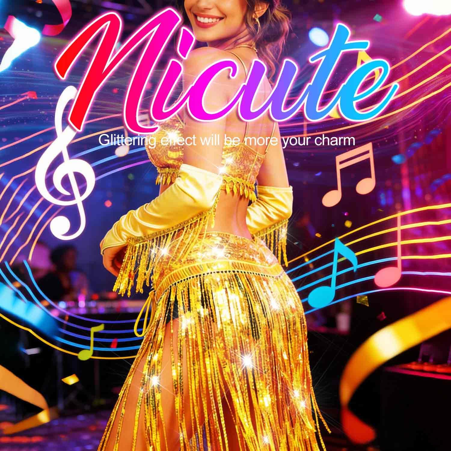 Nicute Sequin Costume Set Gold Belly Dance Outfits Sparkly Carnival Costumes for Women - Image 2