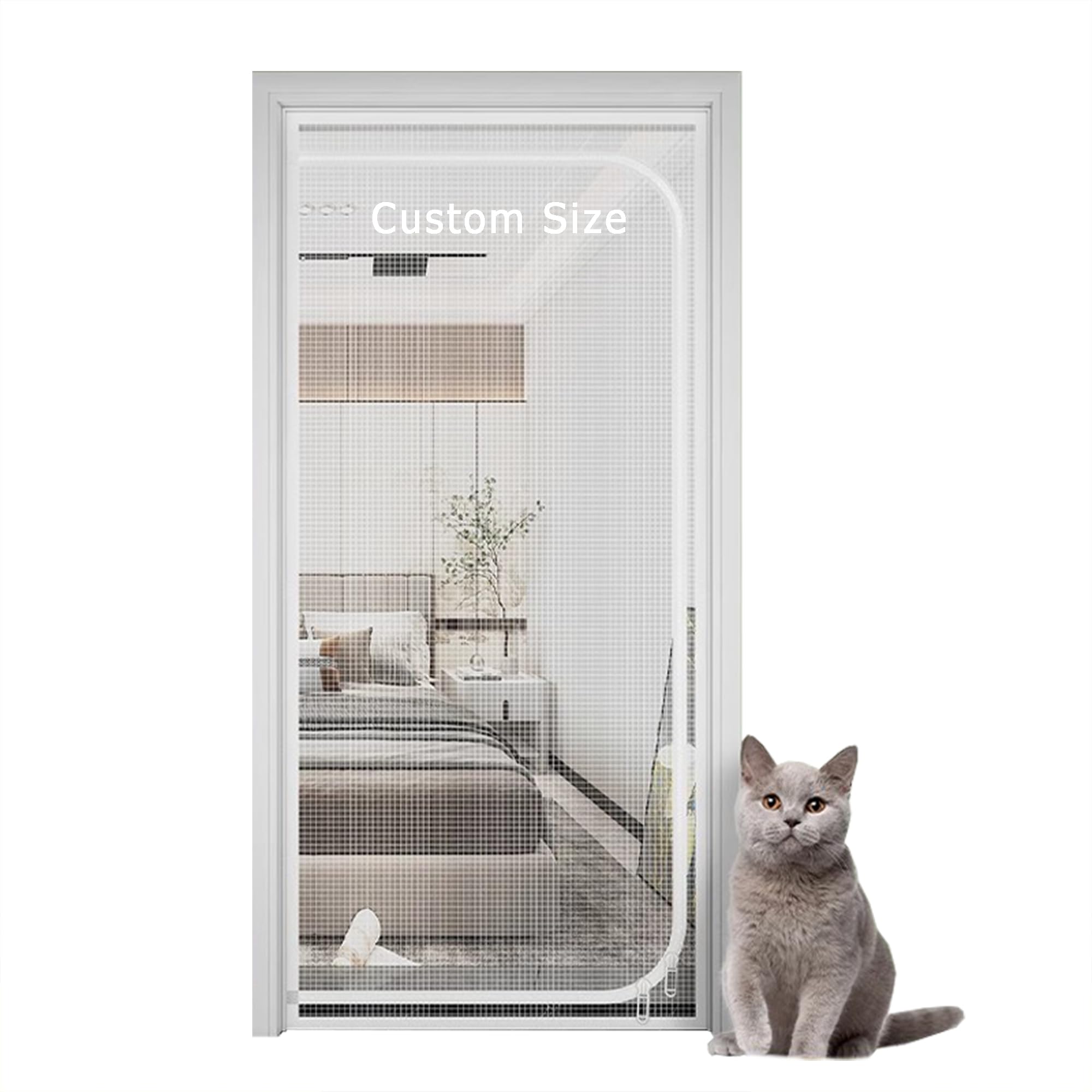 Duoleh Grey Pets Proof Screen Doors Cat Door Mesh, Custom Size Anti Mosquito Fly Curtain Nets With Zipper, Balcony Bedroom Fly Screen Door, Prevent Pet Escape Door Curtains (Custom Size)