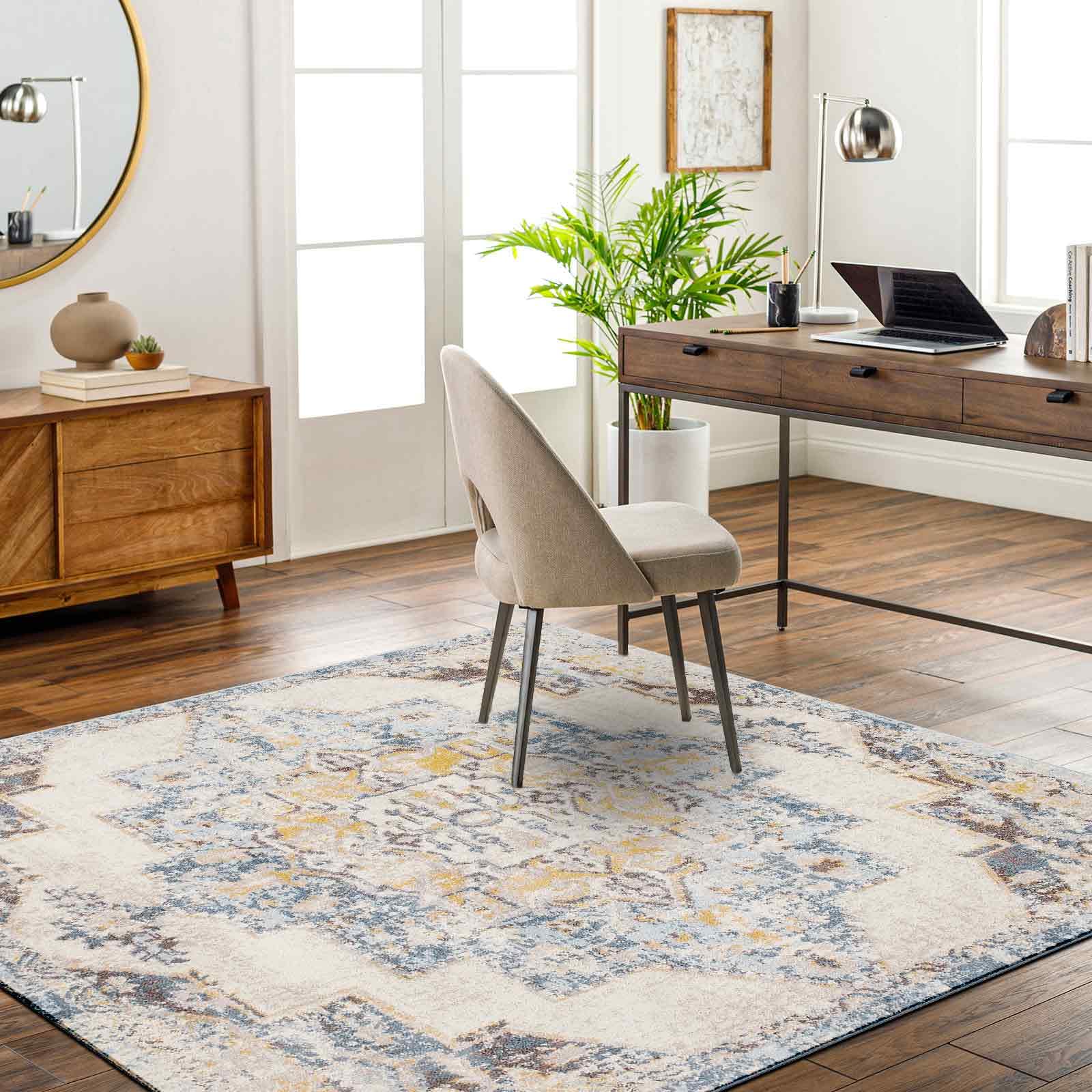 Livabliss Sun Orlando Vintage Carpet 200 cm – Living Room & Bedroom, Scandi Neutral Traditional Pattern, Easy Care Pile, Blue, Mustard & Beige