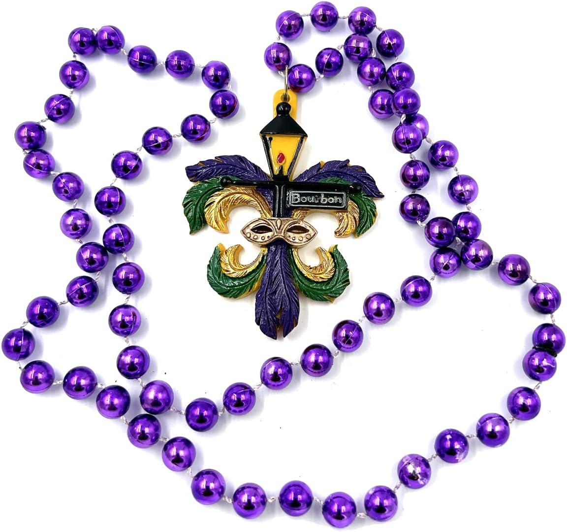 Lamp Post Bourbon Street New Orleans Mardi Gras Bead Necklace Fleur de Lis