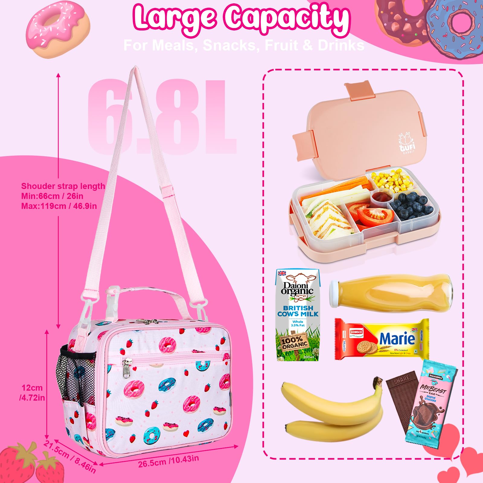 Homtibrm Insulated Lunch Bag, Kids Lunch Cool Bag with Adjustable Strap - Image 2