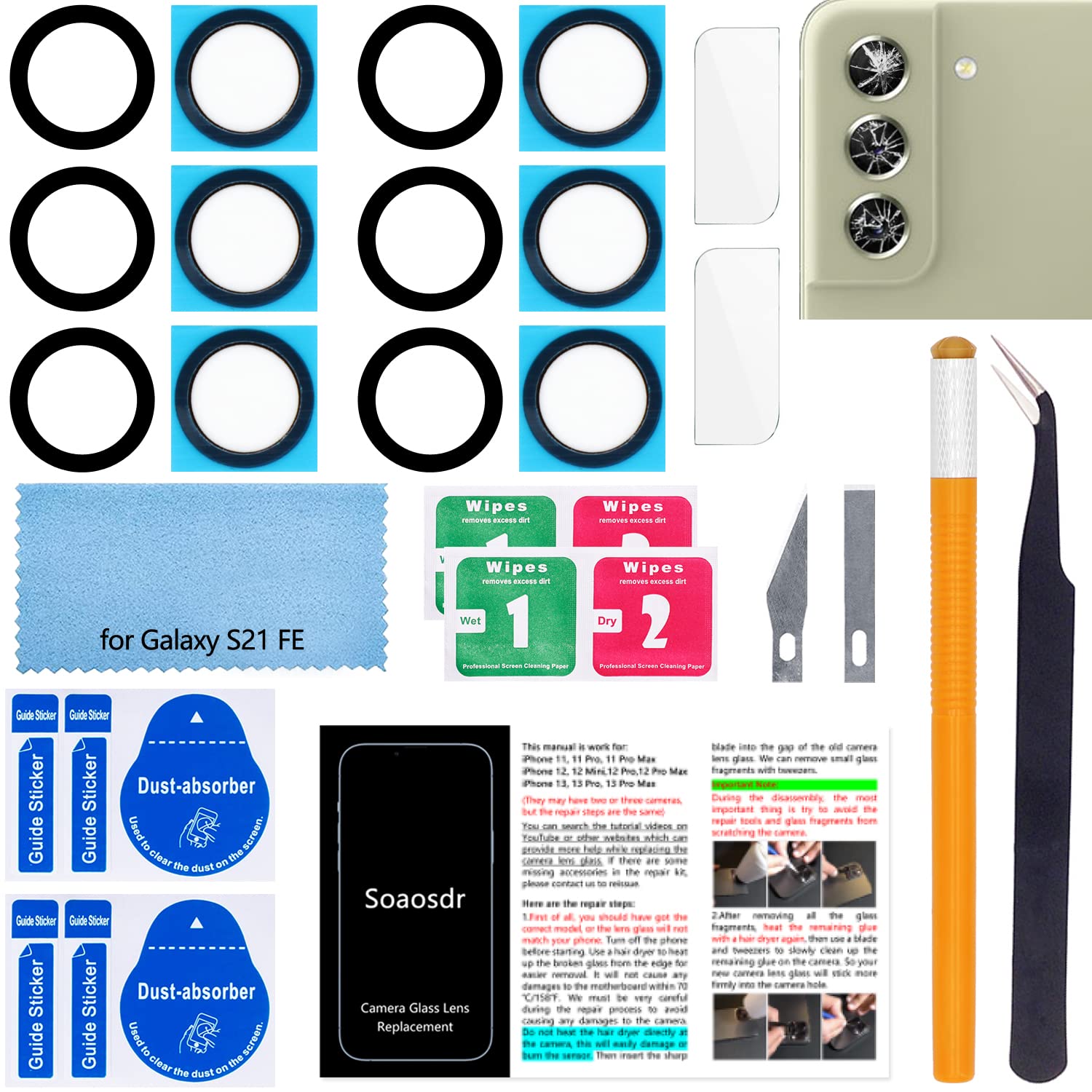 2PCS Soaosdr Original Back Rear Camera Lens Glass Replacement for Galaxy S21 FE 6.4 inch with Camera Lens Protective Film+pre-Installed Adhesive+Reparing Toolkit+Installation Manual