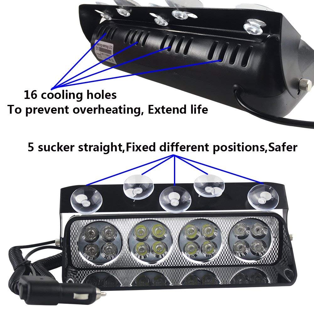 Luce Stroboscopica Di Emergenza 12V Con 16 LED – Per Auto, Ventosa E 18 Modalità Di Lampeggio