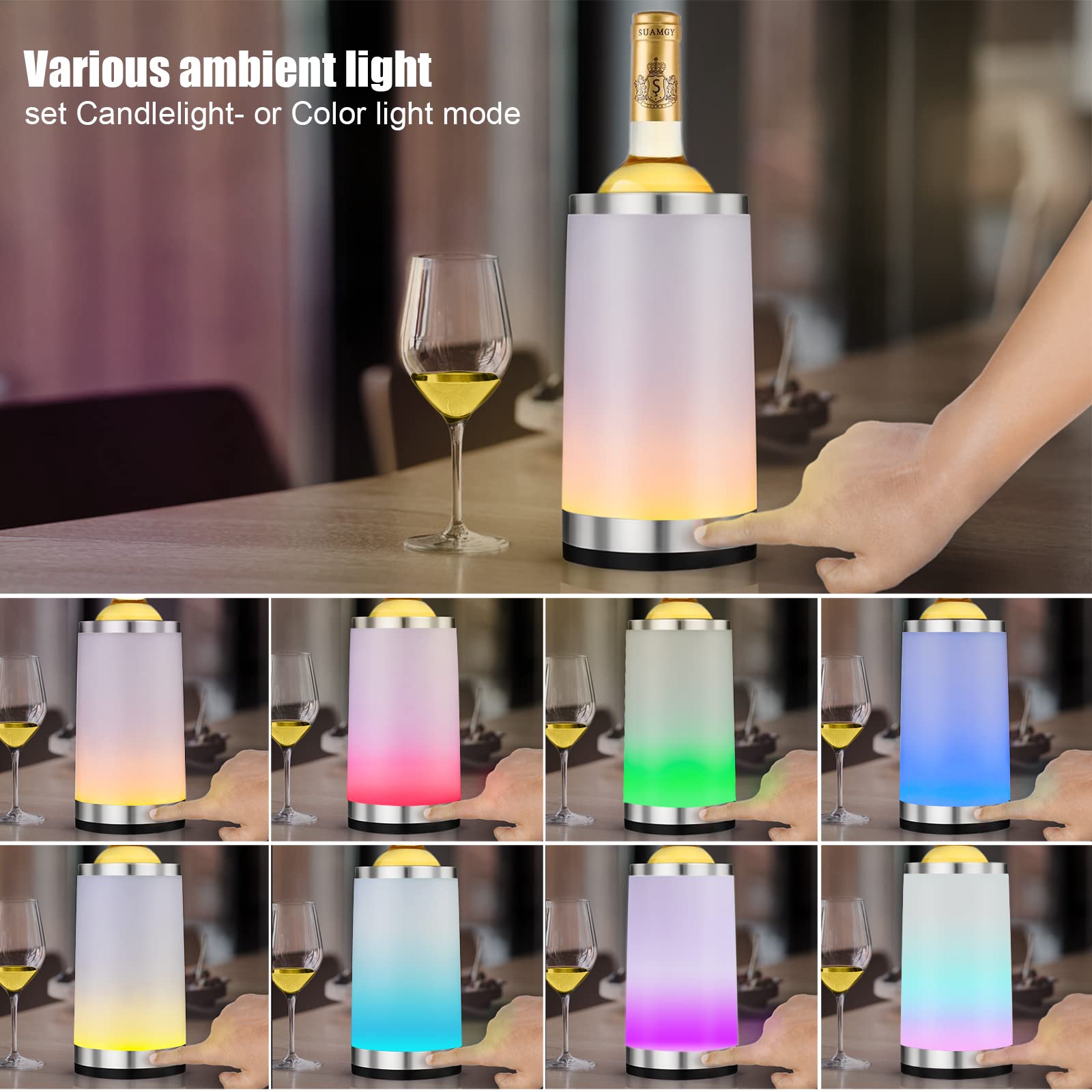 Refrigeratore per bottiglie vino Elrigs con lampada touch RGB| Secchio raffredda per vino| Isolante a doppia parete con 2 piastre eutettiche per champagne da 750 ml| Regalo per amanti del vino