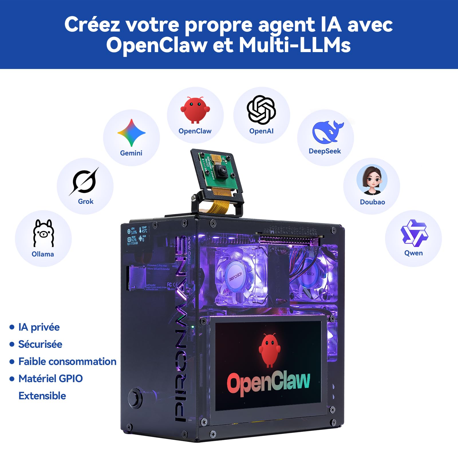 Pironman 5 Pro Max boîtier Mini PC avec écran tactile 4,3" pour Raspberry Pi 5, agent IA OpenClaw, double NVMe RAID 0/1 NAS, caméra, micro, audio, M.2 Hailo8, LLMs ChatGPT/Gemini (RPI5 non inclus)